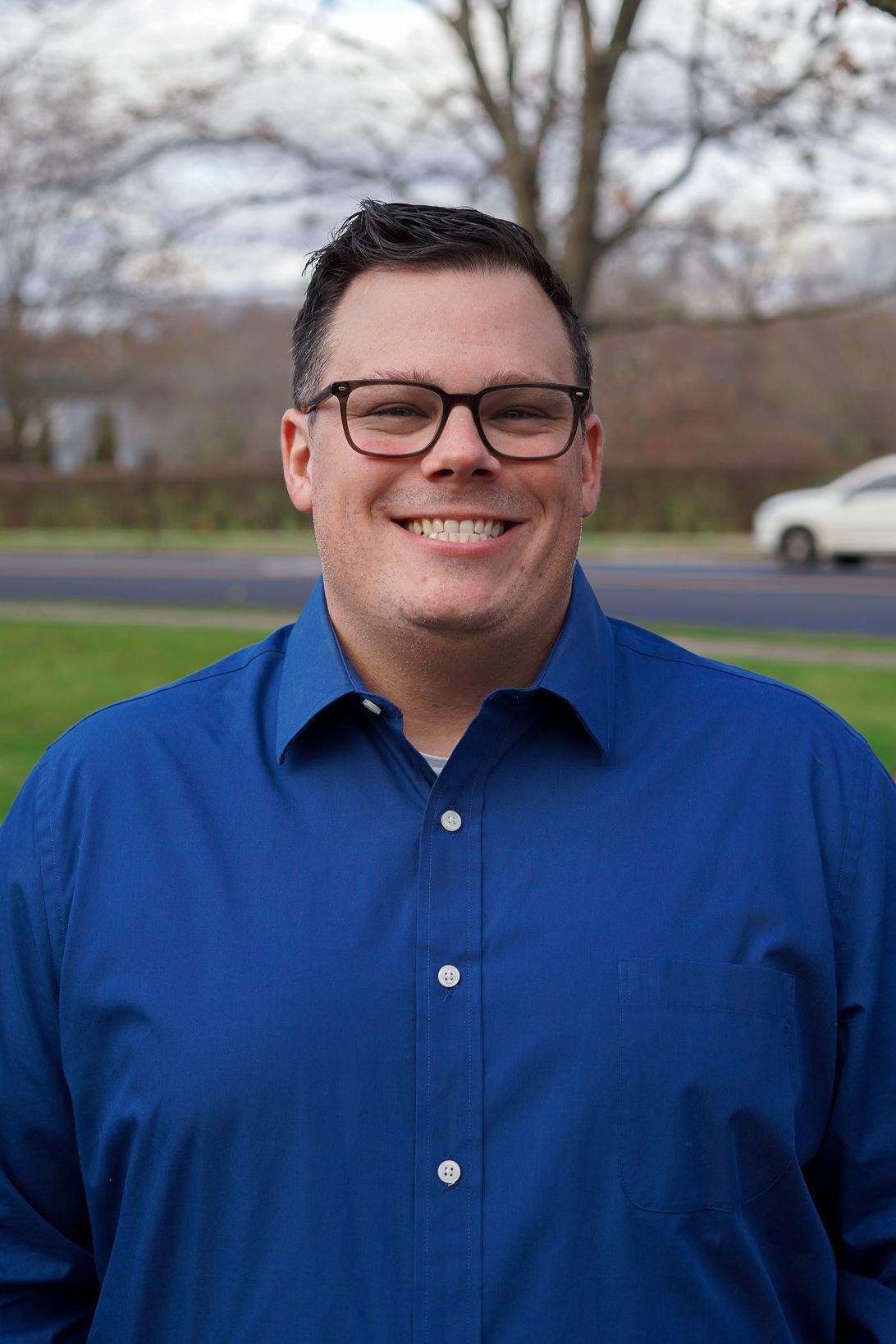 Man in blue shirt